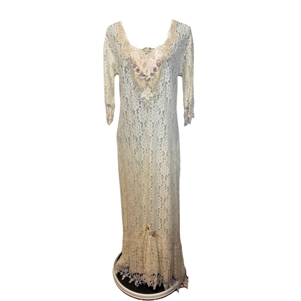 Vintage 90s Ivory Lace Victorian Replica Sheath Dress By Phun Shirts Sz LG Sheer